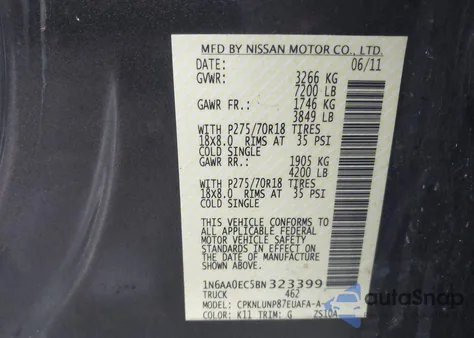 2011 Nissan Titan Pro-4X z USA, uszkodzony, nr VIN 1N6AA0EC5BN323399